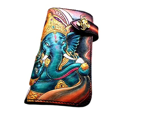 Handmade 3D Genuine Leather Wallet for Men - Custom Biker Wallet with Celtic Elephant Design, Hand-Carved & Hand-Painted - Perfect for Motorcycle Riders, Gift Giving & Everyday Use