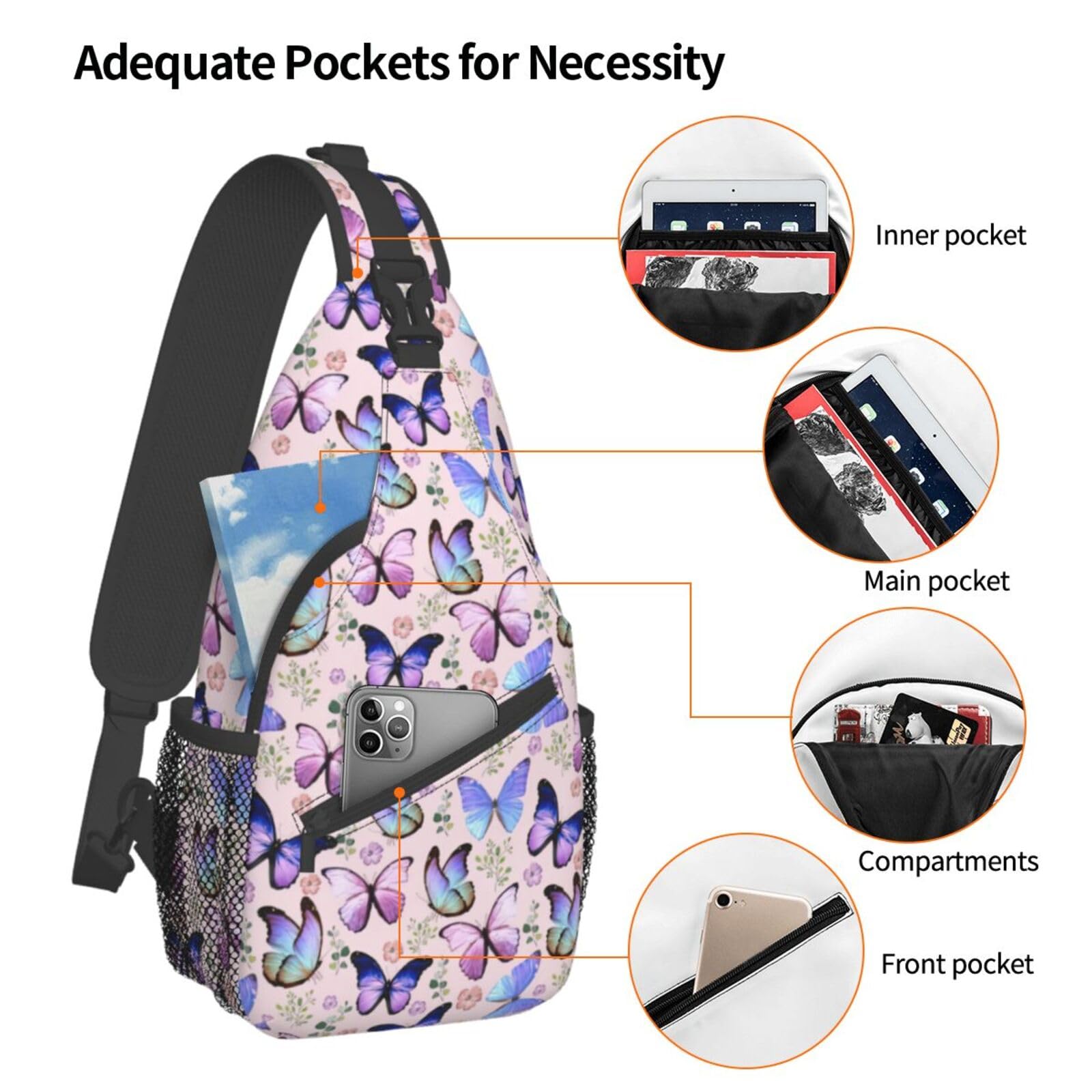 Butterfly Sling Bag Crossbody Backpack for Women & Men - Lightweight Travel Hiking Shoulder Chest Bag, Unisex Daypack for Outdoor Activities, Commuting and Daily Use