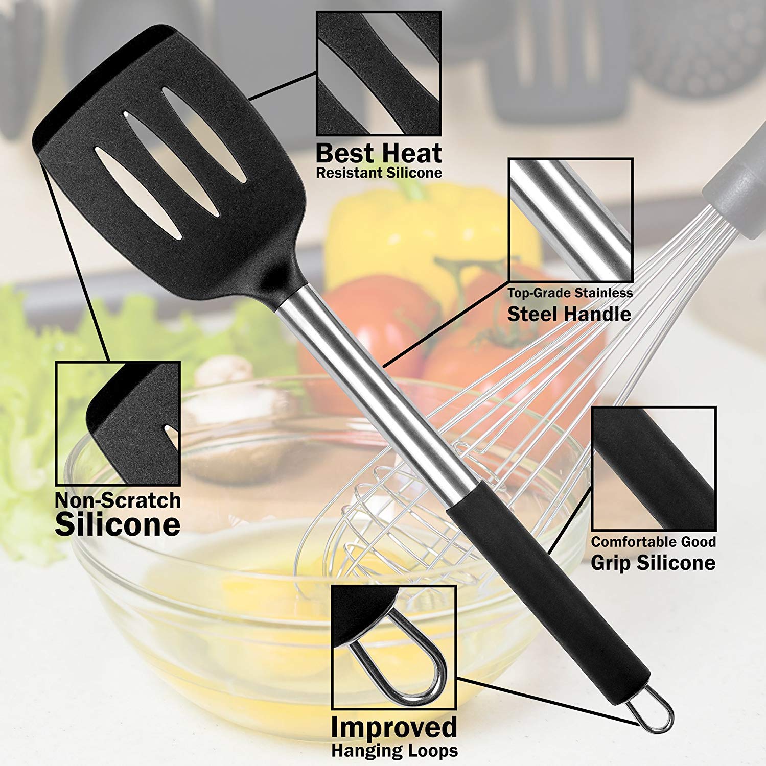 **MIBOTE 12-Piece Silicone Kitchen Utensils Set - BPA-Free, Heat Resistant Cooking Tools with Stainless Steel Handles - Perfect for Non-Stick Pans, Baking, and Everyday Cooking (Black)**