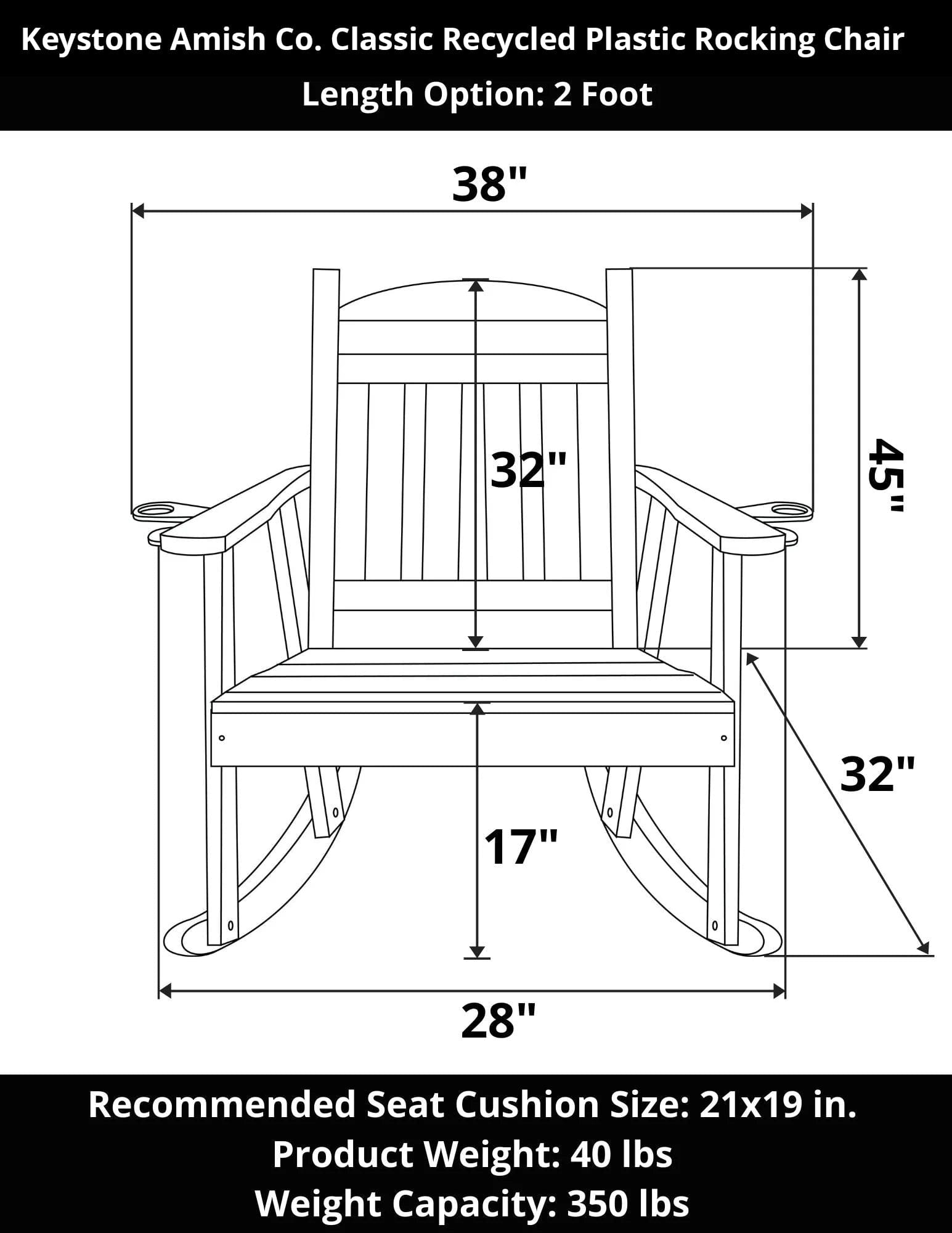 Keystone Amish Co. Classic Recycled Plastic Rocking Chair - Eco-Friendly Outdoor & Indoor Rocker for Patio, Garden, Porch, and Living Room