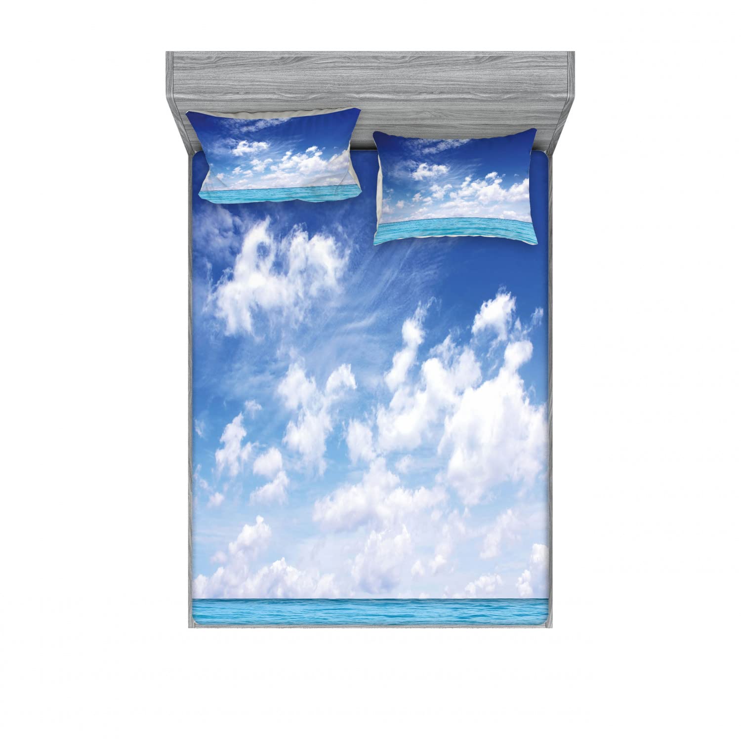 Lunarable Ocean 2-Piece Full Size Fitted Sheet Set with 4 Pillow Shams - Soft Blue & White Coastal Bedding for Summer - Breathable Bed Sheets for Guest Rooms, Beach Houses & Vacation Rentals