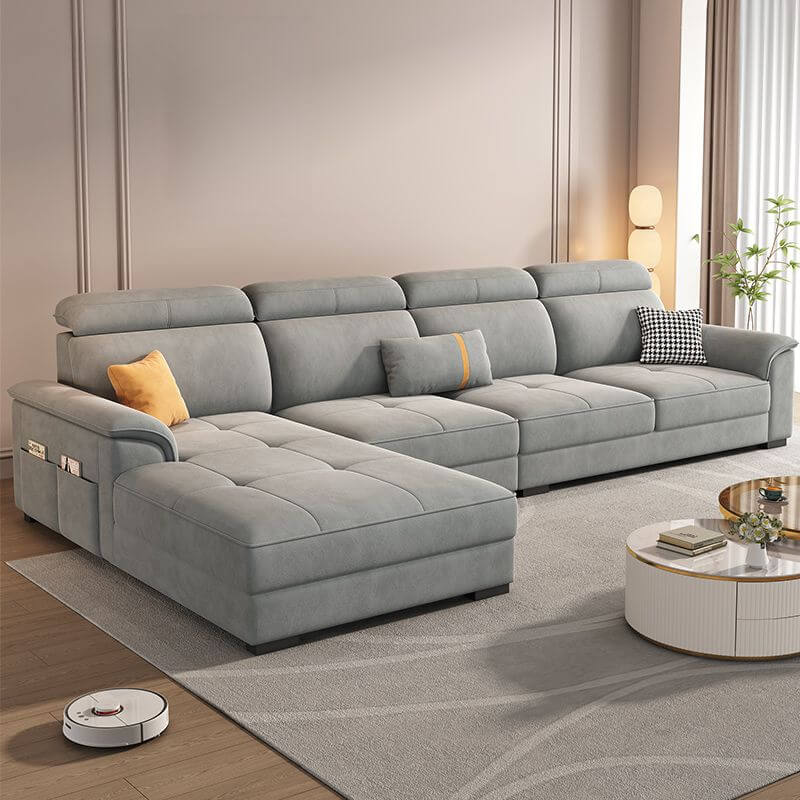 L-Shaped Left-Facing Pine Wood Reclining Sofa with Adjustable Headrest & Hidden Support - Perfect for Living Rooms, Home Theaters, and Family Lounging Spaces