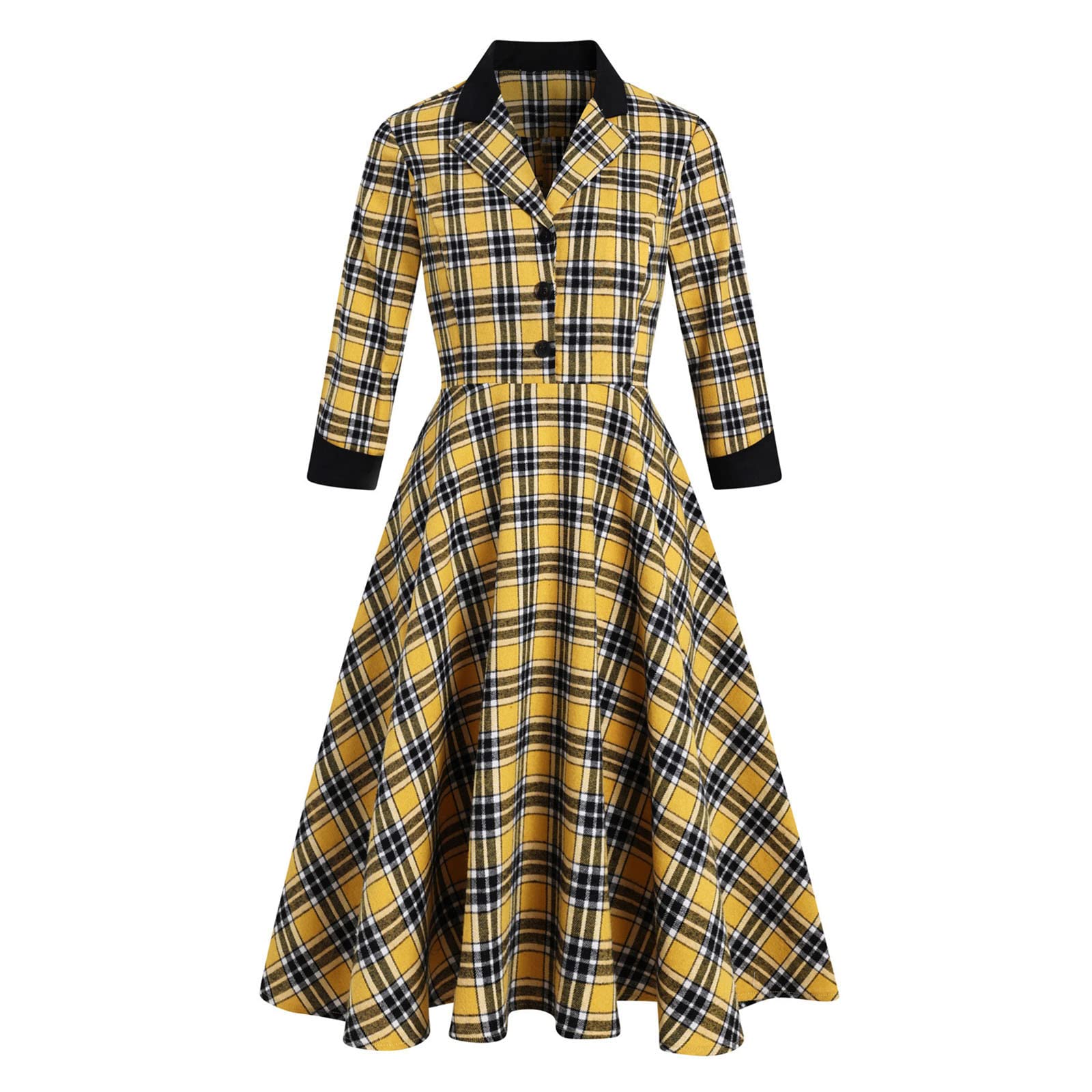 Classic Hepburn Style 3/4 Sleeve Tie Turtleneck Cocktail Dress for Women - Retro Plaid Tea Dress in Yellow for Wedding Guest & Special Occasions
