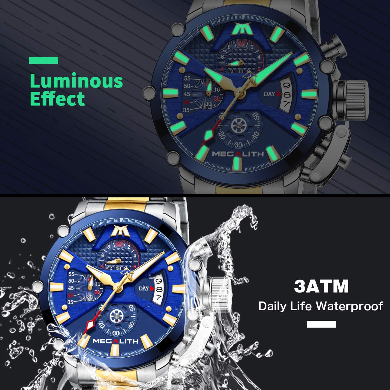 MEGALATH Men's Stainless Steel Chronograph Watch 45mm - Waterproof Analog Quartz Date Luminous Multifunctional Wristwatch for Men - Perfect for Outdoor, Business, Casual & Sports Wear