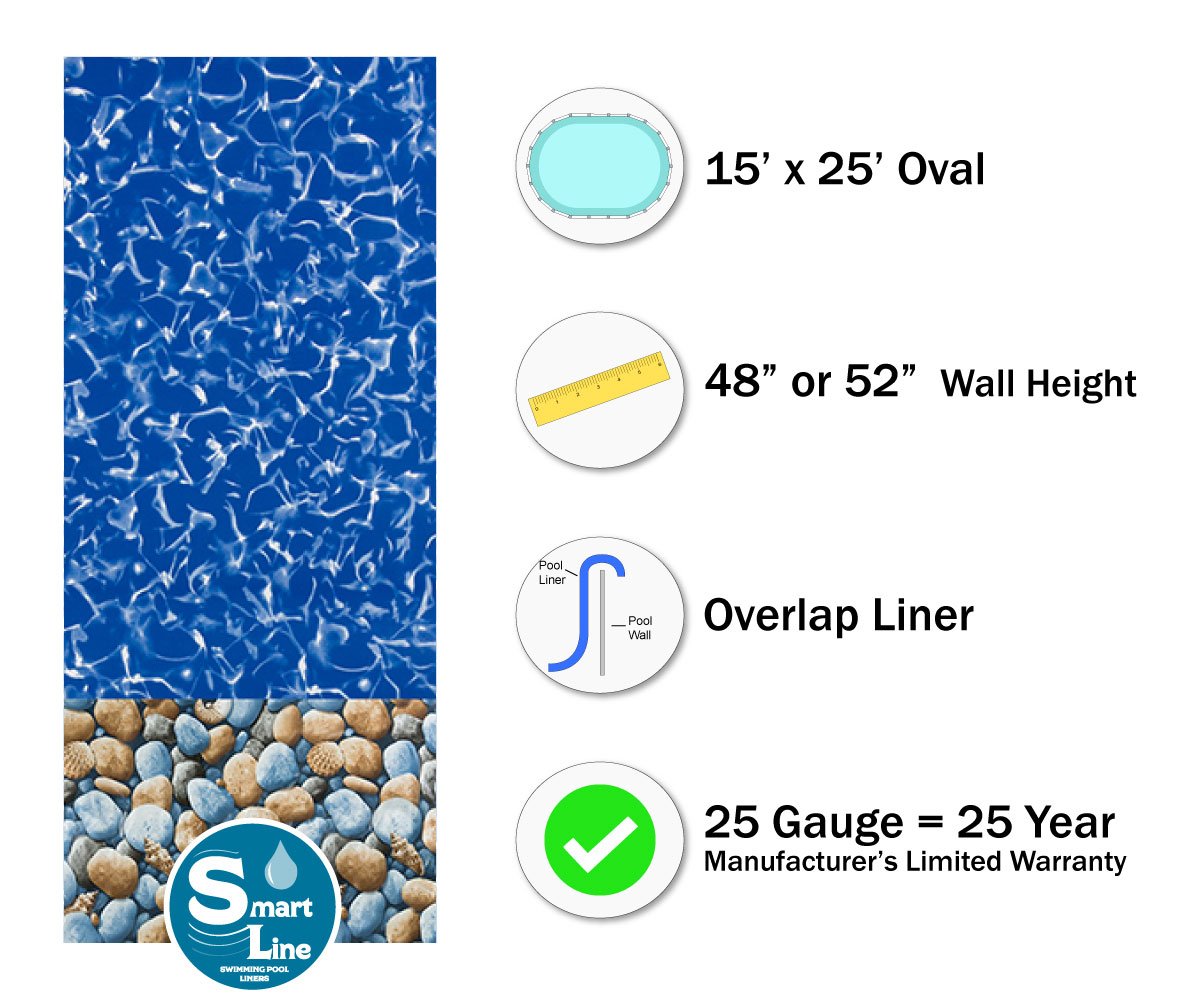 Smartline 15 ft x 25 ft Oval Swimming Pool Liner - Heavy Duty 25 Gauge Virgin Vinyl for Steel Sided Above Ground Pools | Overlap Style | 48-52 Inch Wall Height | Perfect for Backyard Summer Fun & Family Gatherings