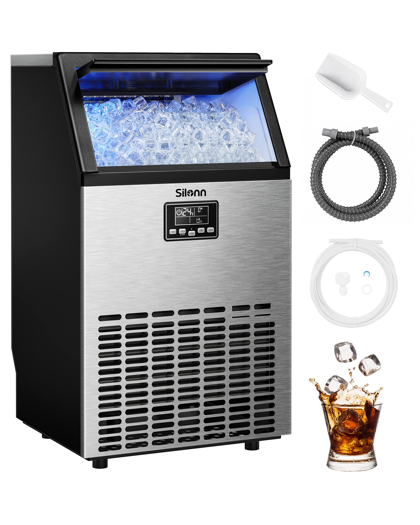 Silonn Commercial Ice Maker Machine - 150lbs/24H Output, 33lbs Storage, Stainless Steel Freestanding with Auto Self-Cleaning - Perfect for Home, Office, Bar, Restaurant, Parties & Outdoor Events (SLIM12T)