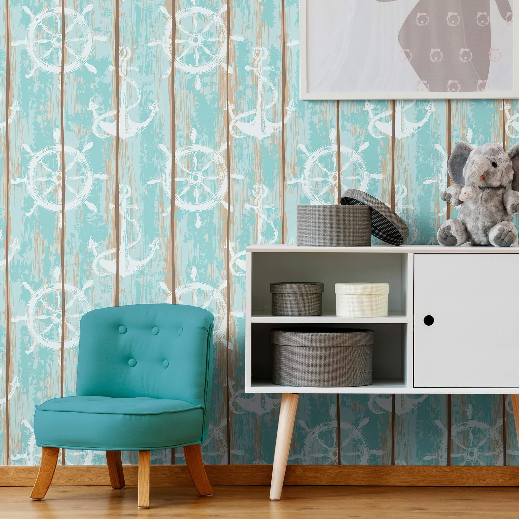 Brown and Teal Faux Nautical Peel and Stick Removable Wallpaper 8829 - Self-Adhesive Decorative Wall Covering for Bedroom, Bathroom, Nursery & Home Office