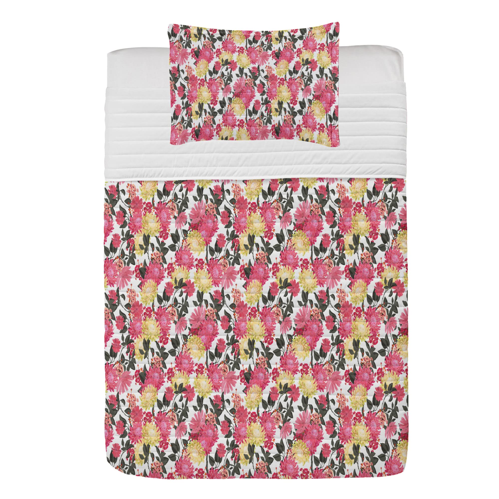 Ambesonne Asian Floral Microfiber Bedspread Set - Spring Garden Flowers Petals Leaves Design, Soft Twin Size Bedding Set with Pillow Sham & Comforter in White and Dark Coral - Perfect for Spring Bedroom Decor, Guest Room Makeover, and Cozy Home Styling