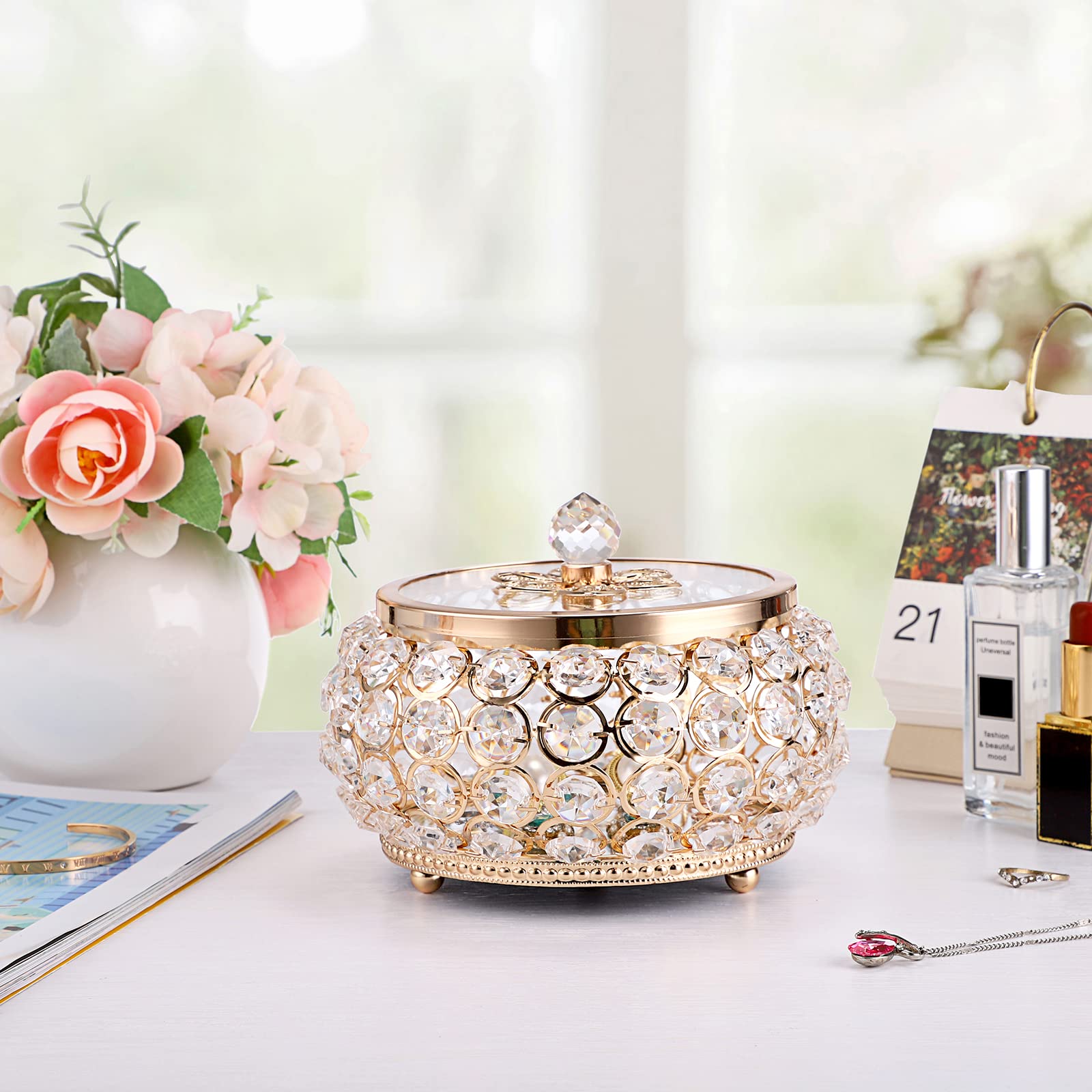 Hipiwe Large Gold Mirrored Jewelry Box with Glass Lid - Crystal Decorative Storage Box for Rings, Earrings, Necklaces - Perfect Gift for Women & Girls - Ideal for Vanity, Dresser, and Travel Organization
