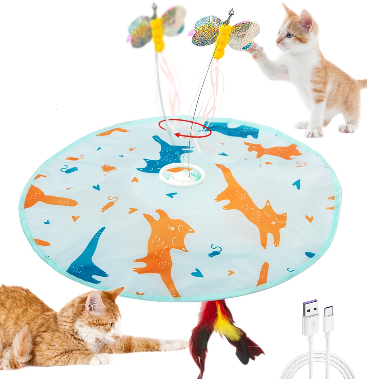 2-in-1 Rechargeable Motion Activated Interactive Cat Toys for Indoor Cats - Long Lasting Motorized Chasing Toy with Butterfly & Feather Wand for Exercise & Play | Perfect for Boredom Relief & Active Playtime