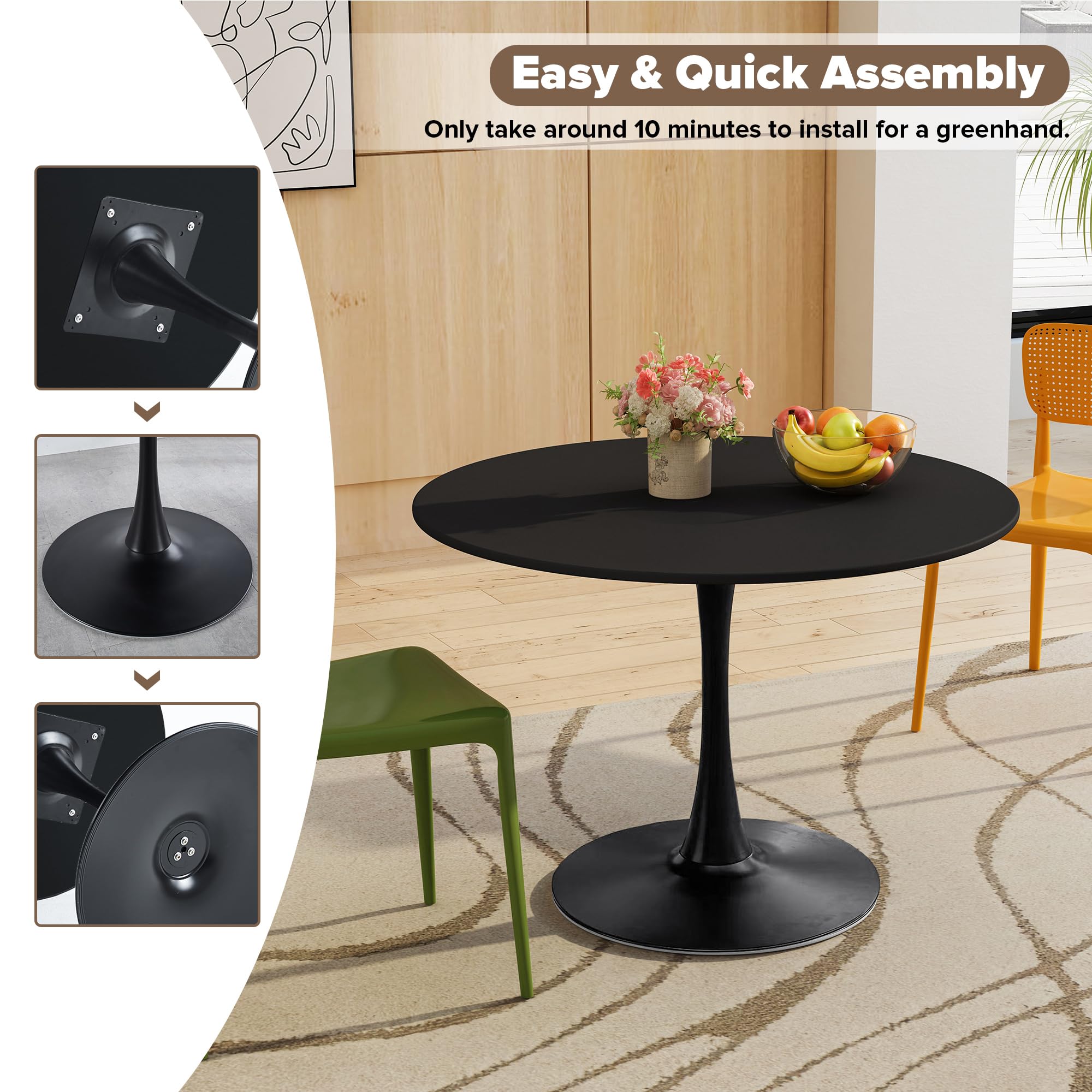42 Inch Round Dining Table - Mid-Century Modern Tulip Table with Sturdy Metal Pedestal Base, Space-Saving Design for Small Kitchens & Dining Rooms, Easy to Assemble, Matte Black Finish - Perfect for Breakfast Nooks, Apartment Living & Cozy Dinner Parties