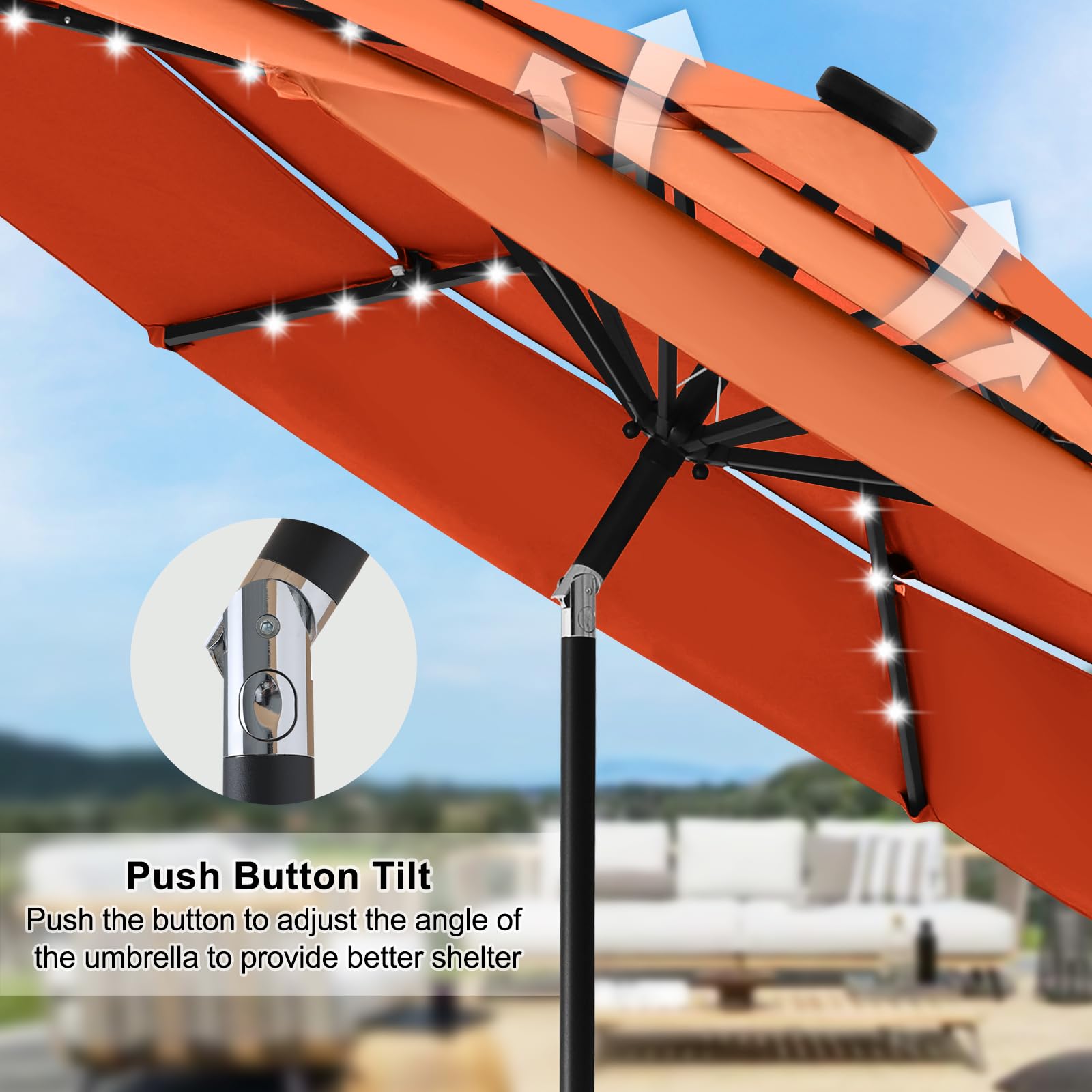 ABCCANOPY 9FT Solar LED Patio Umbrella - 3-Tier Outdoor Market Umbrella with Auto-Tilt & Wind Vent (Orange) - Perfect for Backyard, Poolside, Beach, and Outdoor Dining Areas