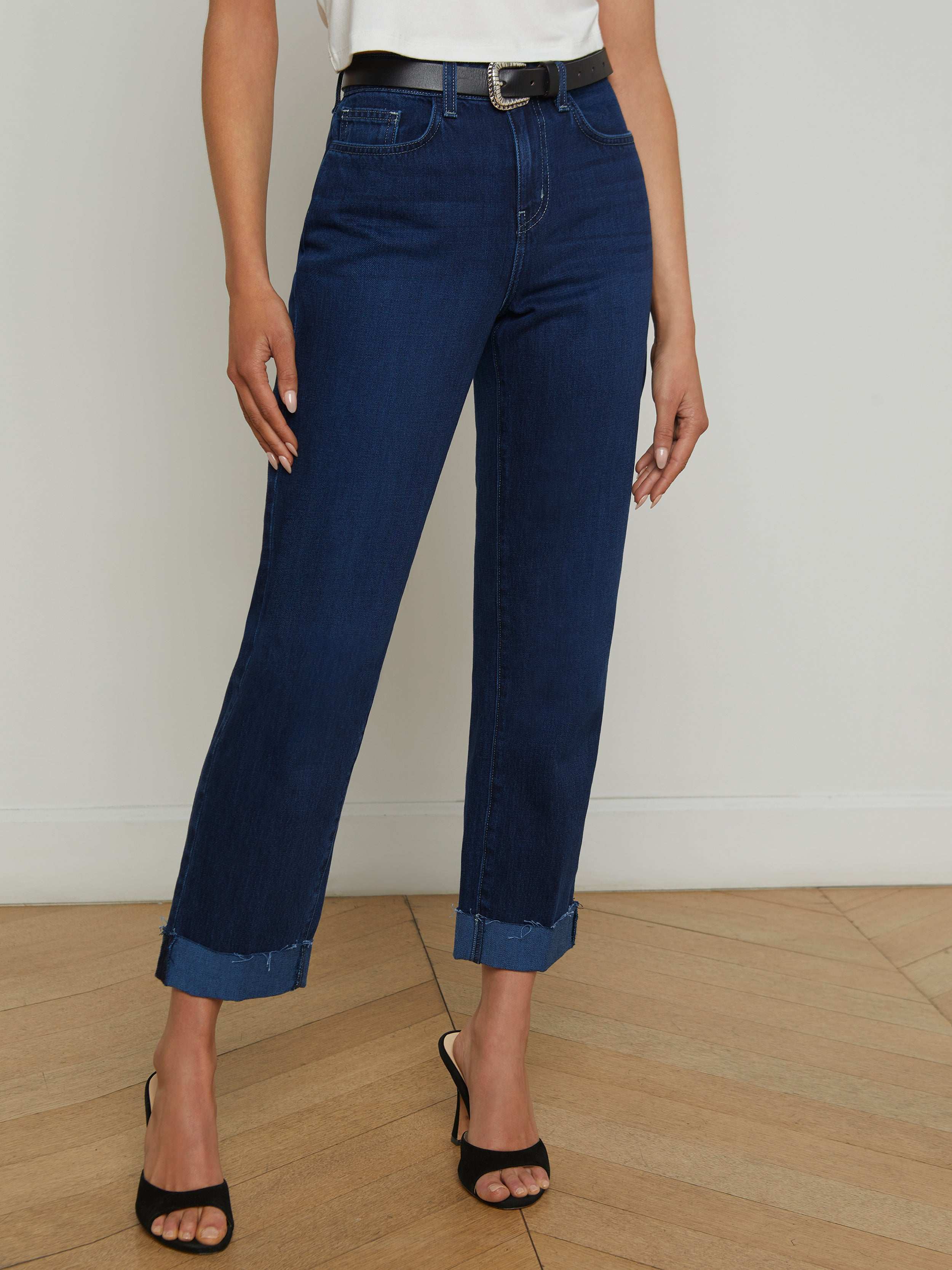 Maribel Women's Cuffed Straight Leg Jeans - High Waist Stretch Denim Pants for Casual Wear & Everyday Outfits