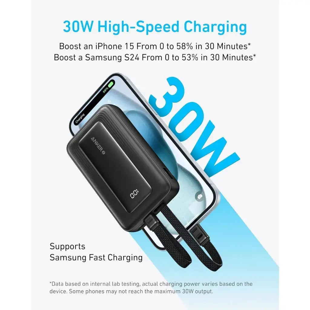 Anker Zolo 10000mAh 30W Power Bank with Built-in USB-C & Lightning Cables (A1680) - Portable Charger for iPhone, Android, AirPods | Travel, Camping, Emergency Power Backup