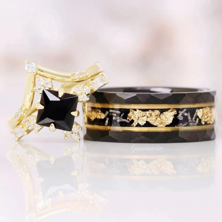 Black Onyx & Meteorite Gold Leaf Couples Ring - Elegant Matching Wedding Bands for Him & Her - Perfect for Anniversaries, Engagements and Romantic Gifts