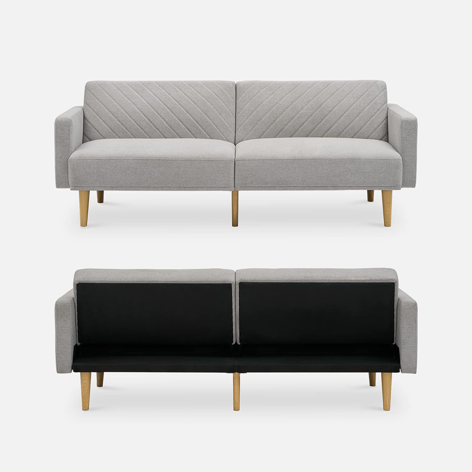 Mopio Mid Century Modern Futon Sofa Bed - Convertible Sleeper Couch, Loveseat for Small Spaces, Light Gray Fabric - Perfect for Living Rooms, Guest Rooms & Apartments