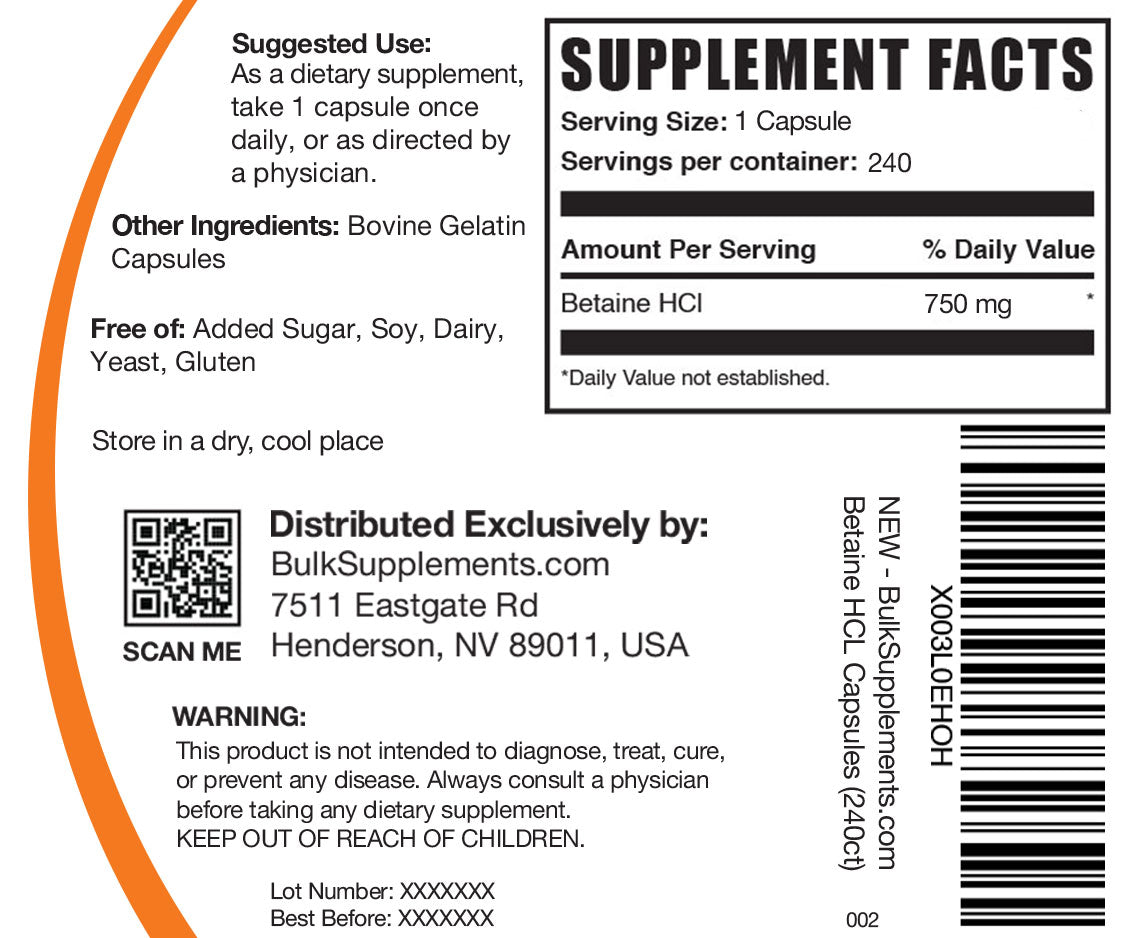 Betaine HCl Capsules 650mg - Digestive Enzyme Supplement for Stomach Acid Support & Gut Health - Gluten-Free, Non-GMO - Ideal for Low Stomach Acid, Bloating & Digestion After Meals