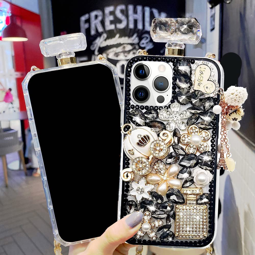 Luxury Black Perfume Bottle iPhone 13 Pro Max Case 6.7 Inch - Cute Diamond Rhinestone Phone Cover with Lanyard Chain for Women & Girls | Fashion Accessory for Parties, Dating & Special Occasions