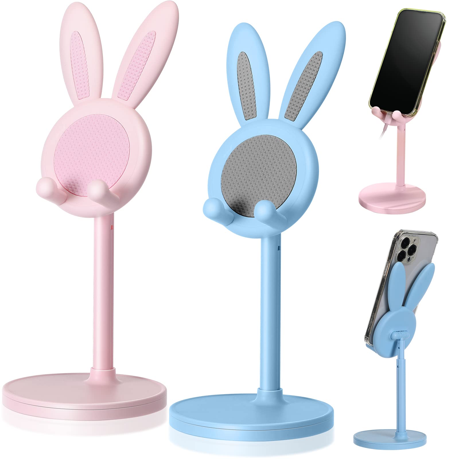 Kathfly 2 Pack Adjustable Bunny Phone Stand - Cute Kawaii Phone Holder for Desk, Easter Gift for Women & Girls (Pink/Blue) - Perfect for Watching Videos, Video Calls & Hands-Free Browsing