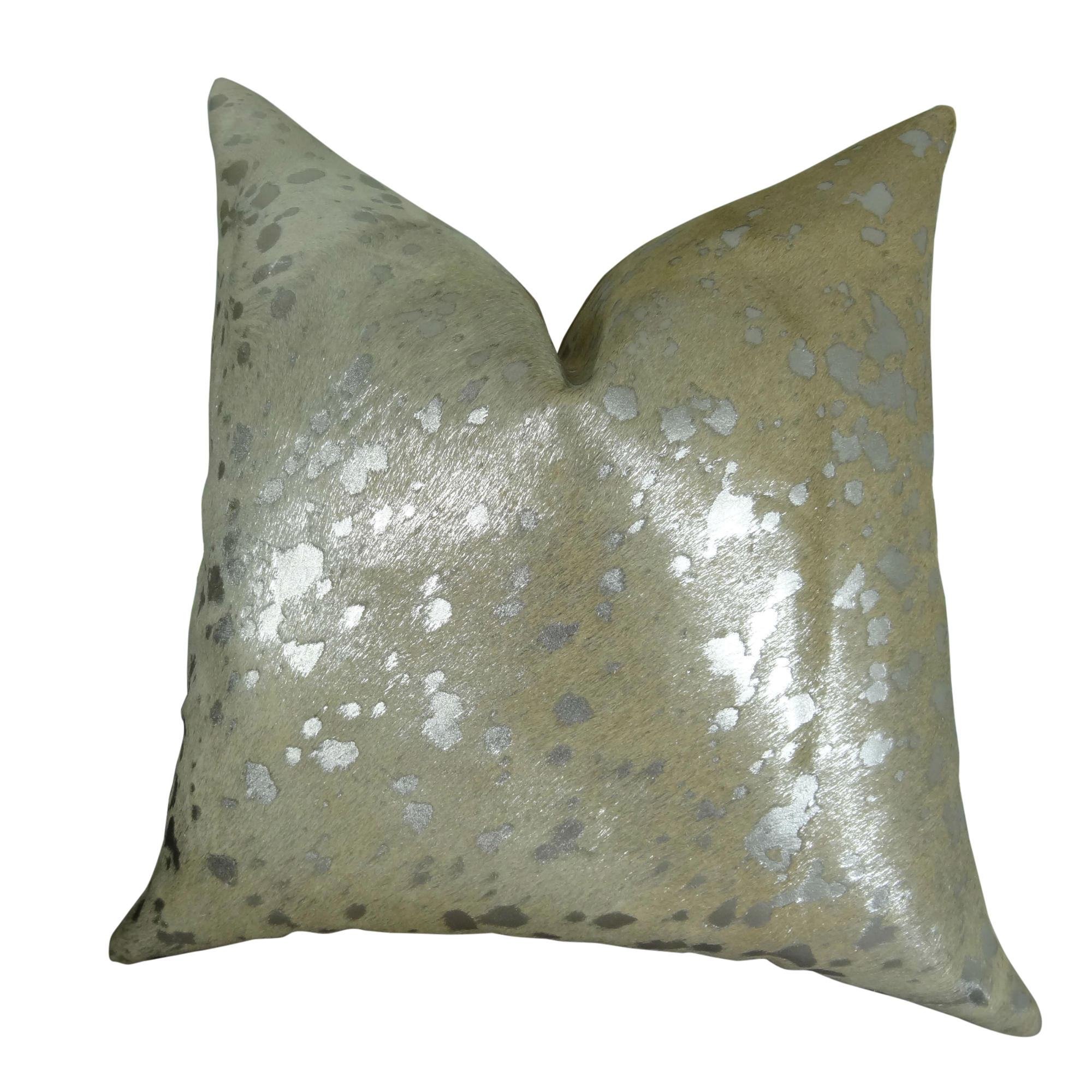 Thomas Collection Metallic Silver on Beige Cowhide Throw Pillow - Modern Silver Decorative Pillow with Devore Silver Metallic Spots - Made in USA | Perfect for Living Room Sofa, Bedroom Decor & Farmhouse Style Home Accents