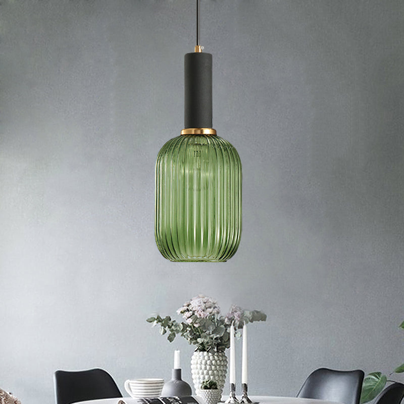 Modern Oval Reeded Glass Pendant Light - Sleek Farmhouse Ceiling Fixture for Kitchen Island, Dining Room & Bedroom Lighting