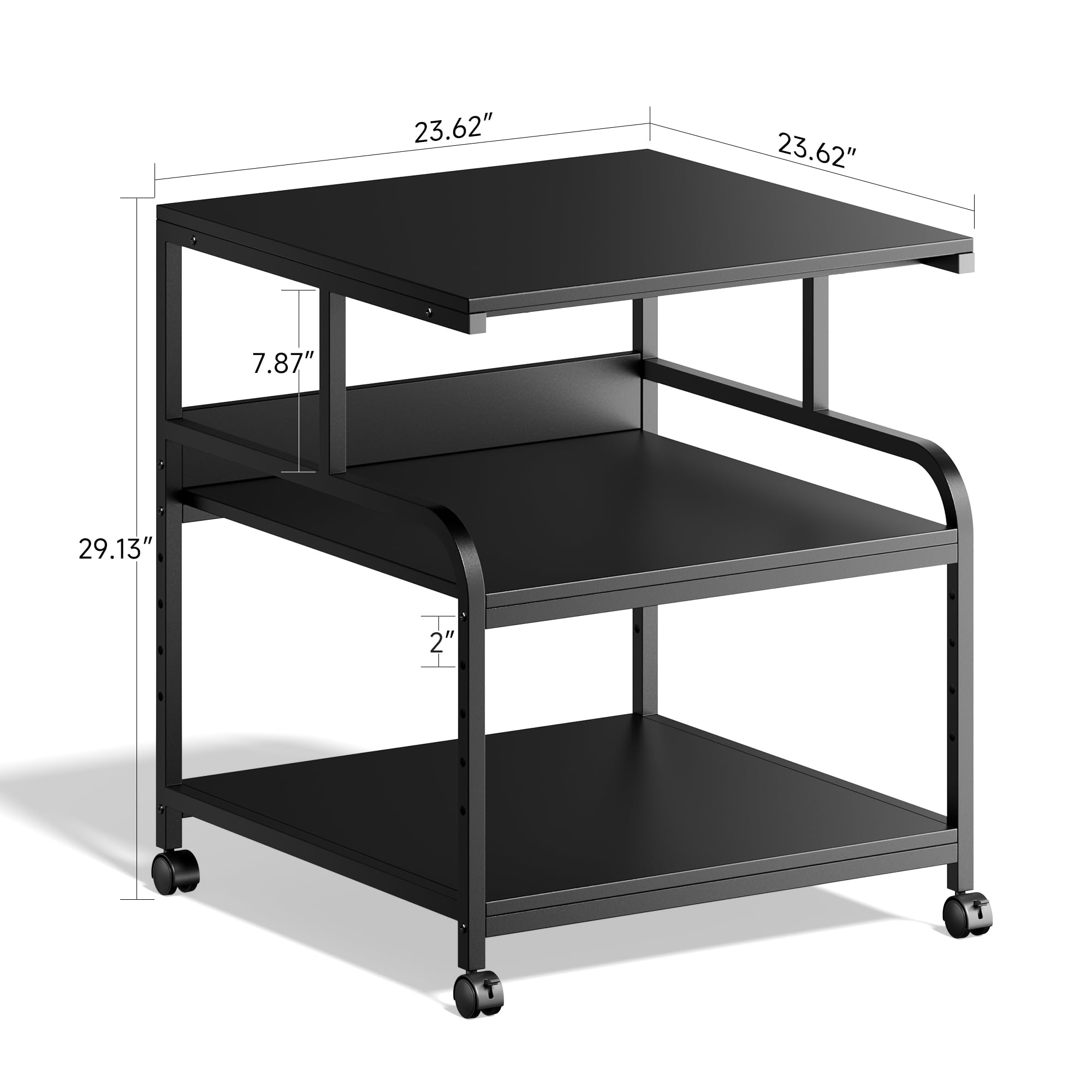 Warmiehomy 24x24 Inches Adjustable Printer Stand with Wheels - 3 Tier Rolling Storage Cart for 3D Printer, Laser Printer, Mini Fridge - Sturdy Home Office Desk Organizer (Black) | Perfect for Small Spaces & Workspace Organization