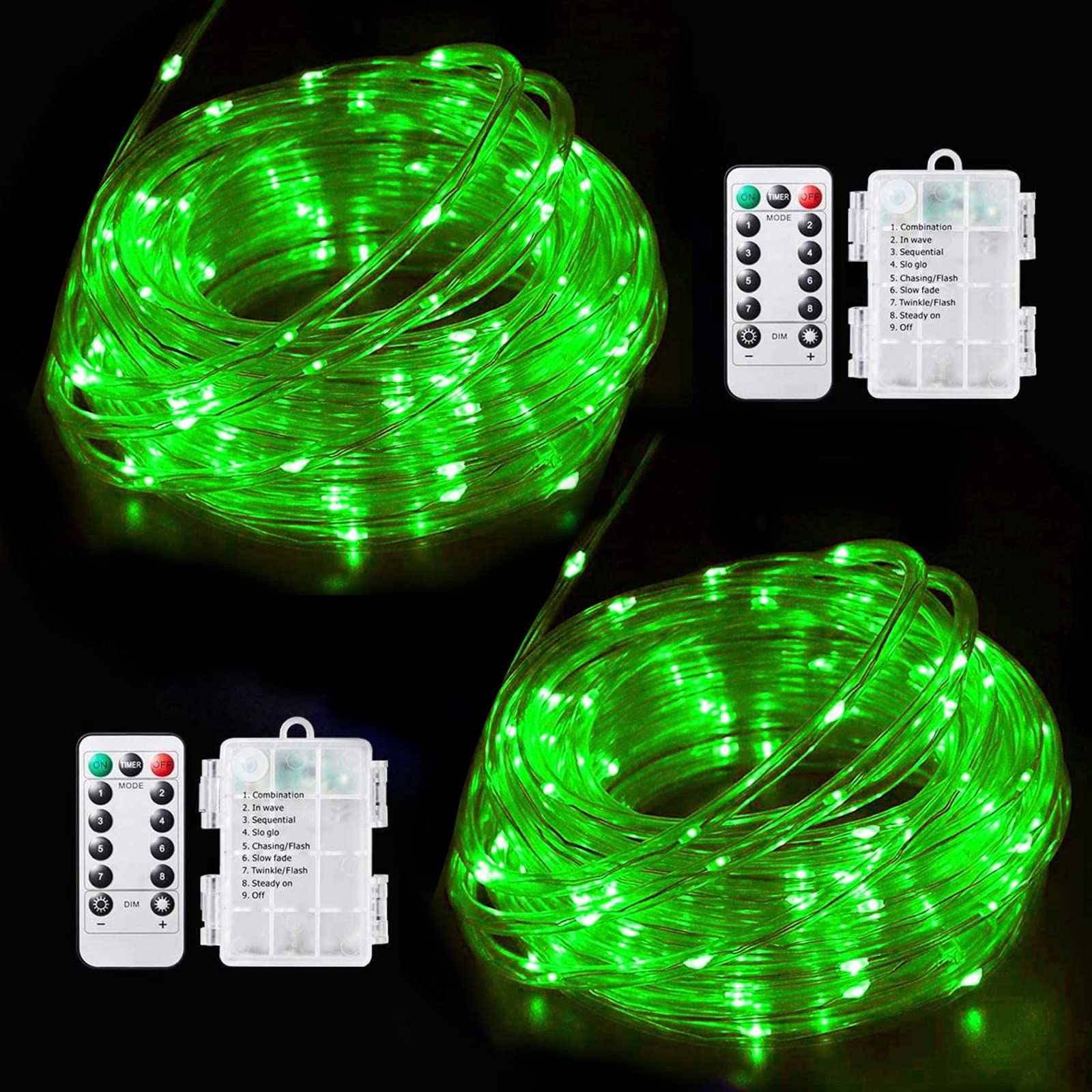 WAKAKA 2 Pack 33Ft 100 LED Green Halloween Rope Lights - Battery Operated Waterproof Outdoor Fairy Lights with Remote (8 Modes) for Garden, Camping, Party, Christmas, Home & Indoor Décor
