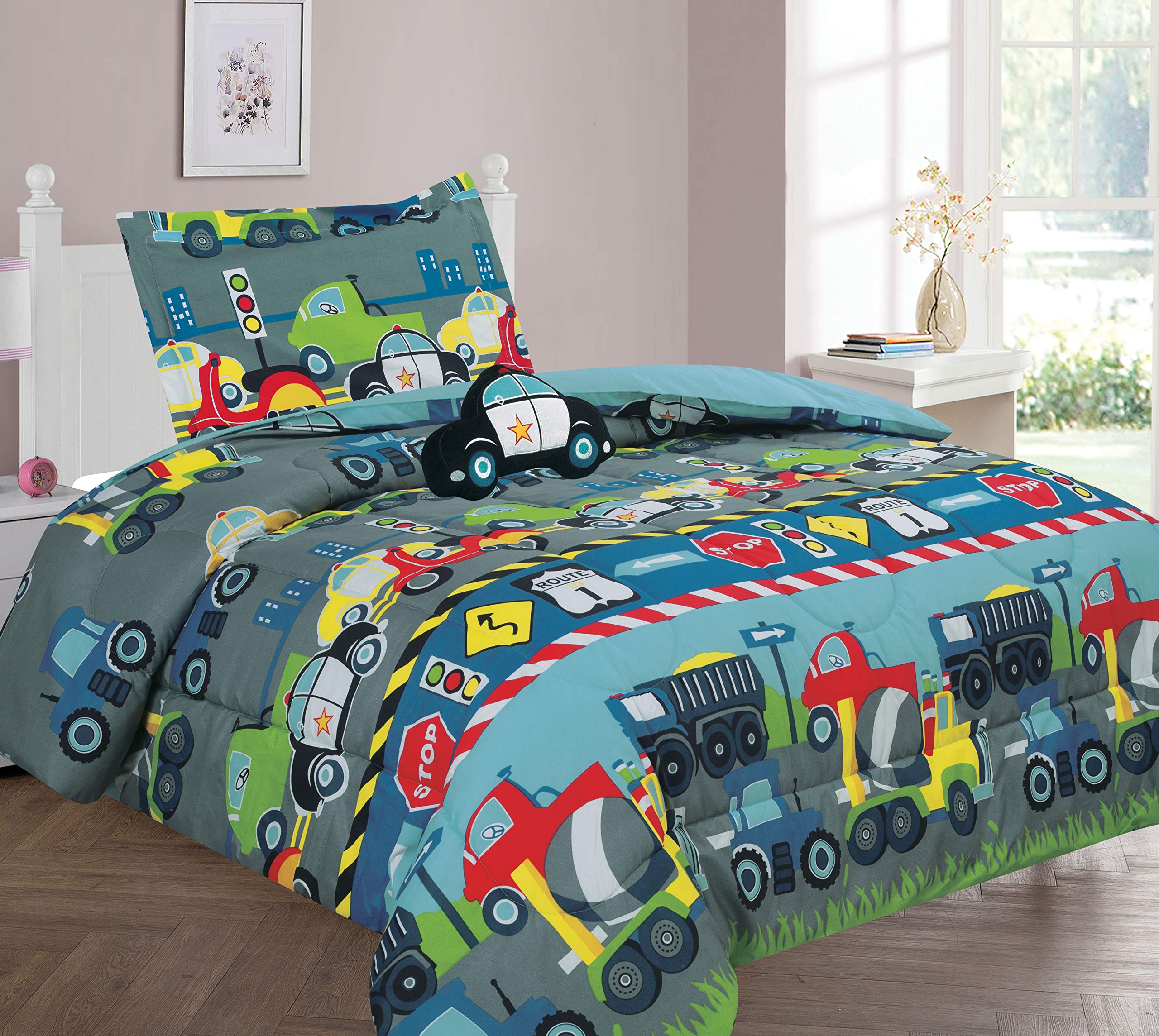 Golden Linens Kids Construction Vehicles Bedding Set - Twin Size Comforter, Sheet & Pillowcase (6-Piece) with Truck, Police Car & Road Sign Designs | Perfect for Boys' Room Decor, Themed Birthday Gifts & Playtime Adventures