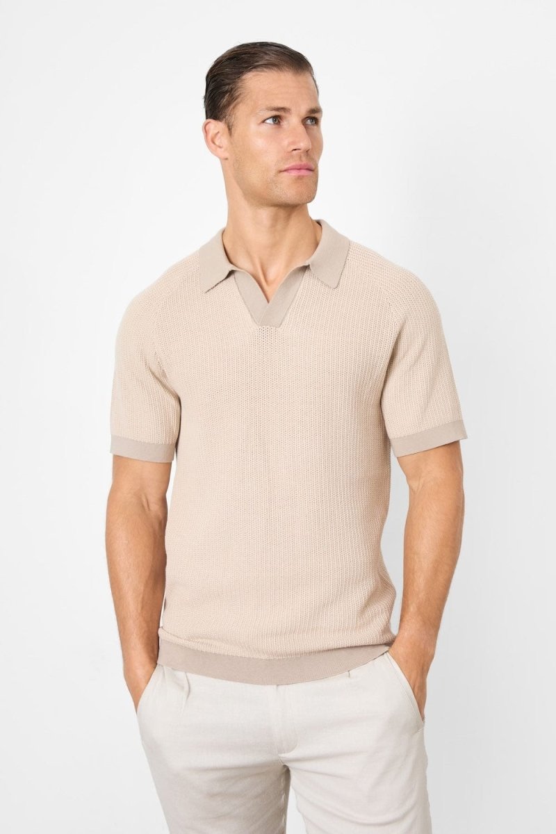 Stone Contrast Textured Knitted Polo Shirt for Men - Stylish Casual Wear for Office, Golf & Weekend Outings