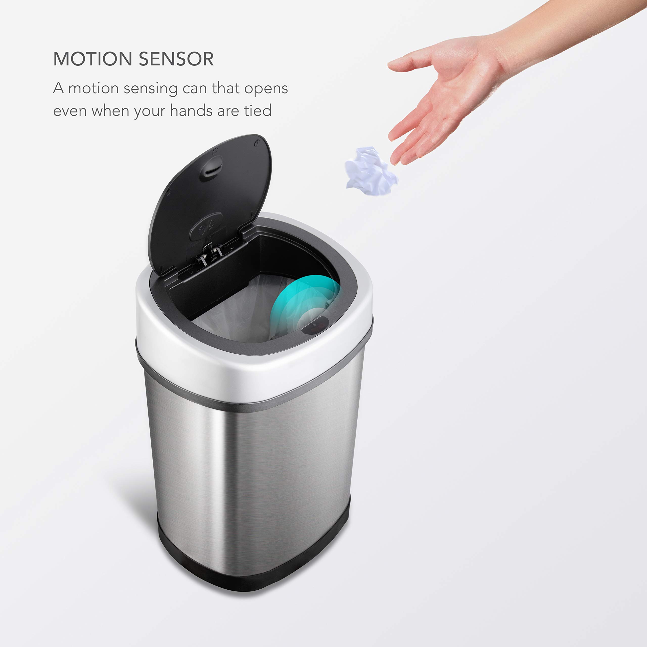 NINESTARS Automatic Touchless Infrared Motion Sensor Trash Can Combo Set - 13 Gal (50L) & 3 Gal (12L) Stainless Steel Base, Oval Design with Silver/Black Lid - Perfect for Kitchen, Bathroom, Office & Home Use
