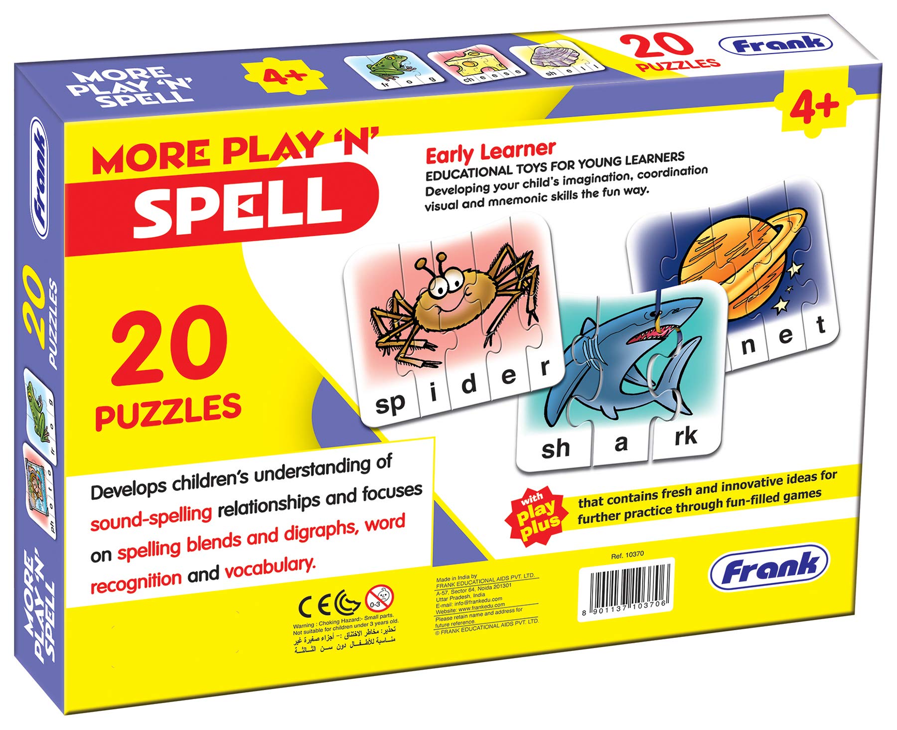 Frank More Play ‘n’ Spell Puzzle – 20 Self-Correcting Word Puzzles for Kids Ages 4+ | Early Learning Educational Toys | Perfect for Homeschooling & Classroom Spelling Activities