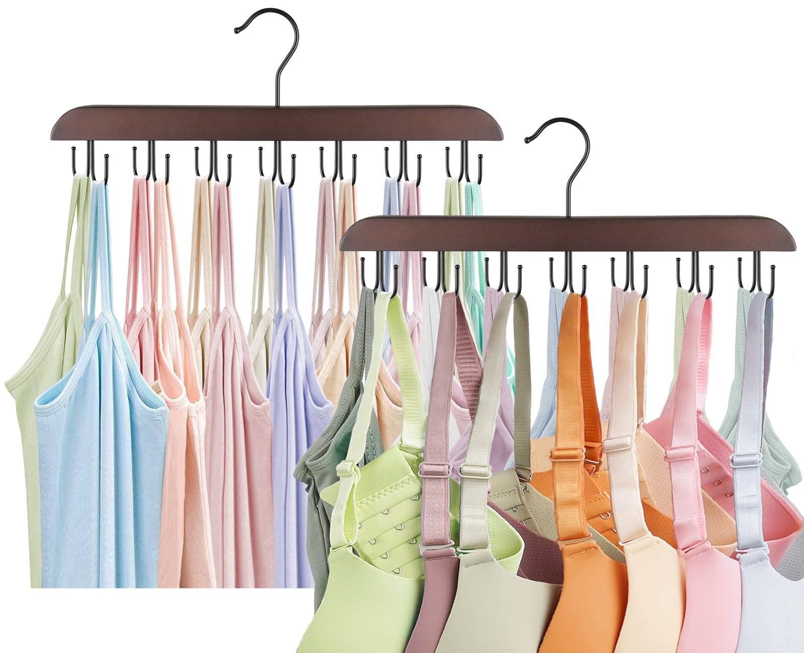 Mkono 2 Pack Wooden Bra Hangers with 14 Hooks - 360° Rotating Space Saving Closet Organizer for Tank Tops, Sports Bras, Belts, Ties & Scarves - Perfect for Home, Apartment & Dorm Room Storage
