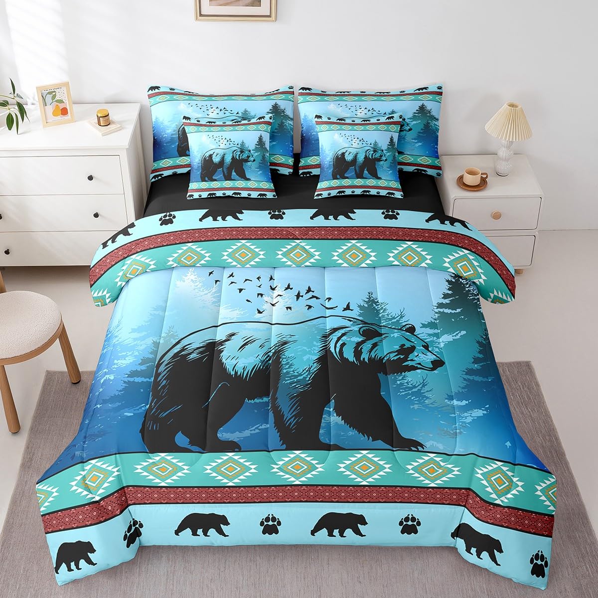 **7-Piece Boys Bear Comforter Set with Sheets - American Aztec Animal Bedding for Kids, Teens & Adults - Queen Size Rustic Farmhouse Wildlife Bed Set - Bohemian Tribal Geometric Design - Perfect for Cozy Bedrooms & Cabin Retreats**
