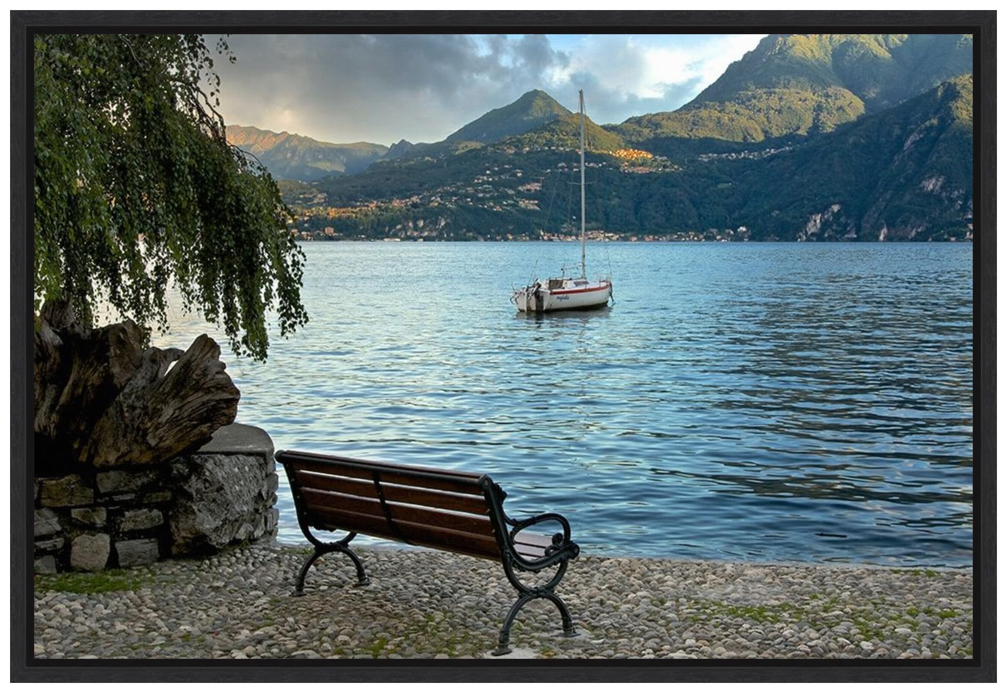 Amanti Art Framed Canvas Wall Art - 23x33 Lago Banco Sea Bench Italy Landscape Painting by Alan Blaustein, Modern Framed Wall Decor for Living Room & Bedroom | Perfect for Coastal, Mediterranean & Contemporary Home Decor Styles