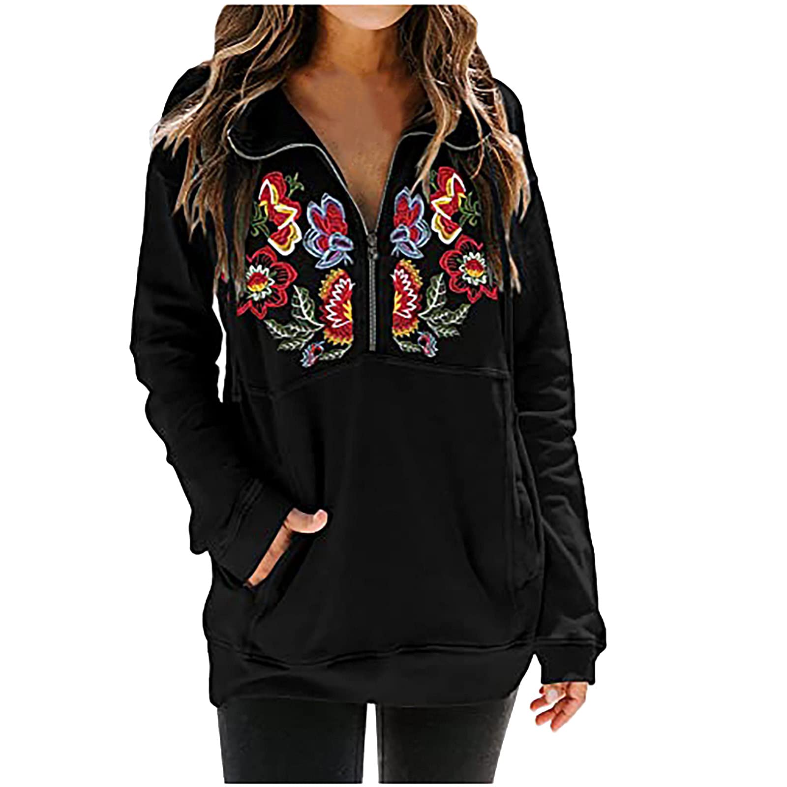 Women's Casual Embroidered Floral Crewneck Sweatshirt with Zipper Lapel - Long Sleeve Pullover Top for Everyday Wear, Outfits & Layering