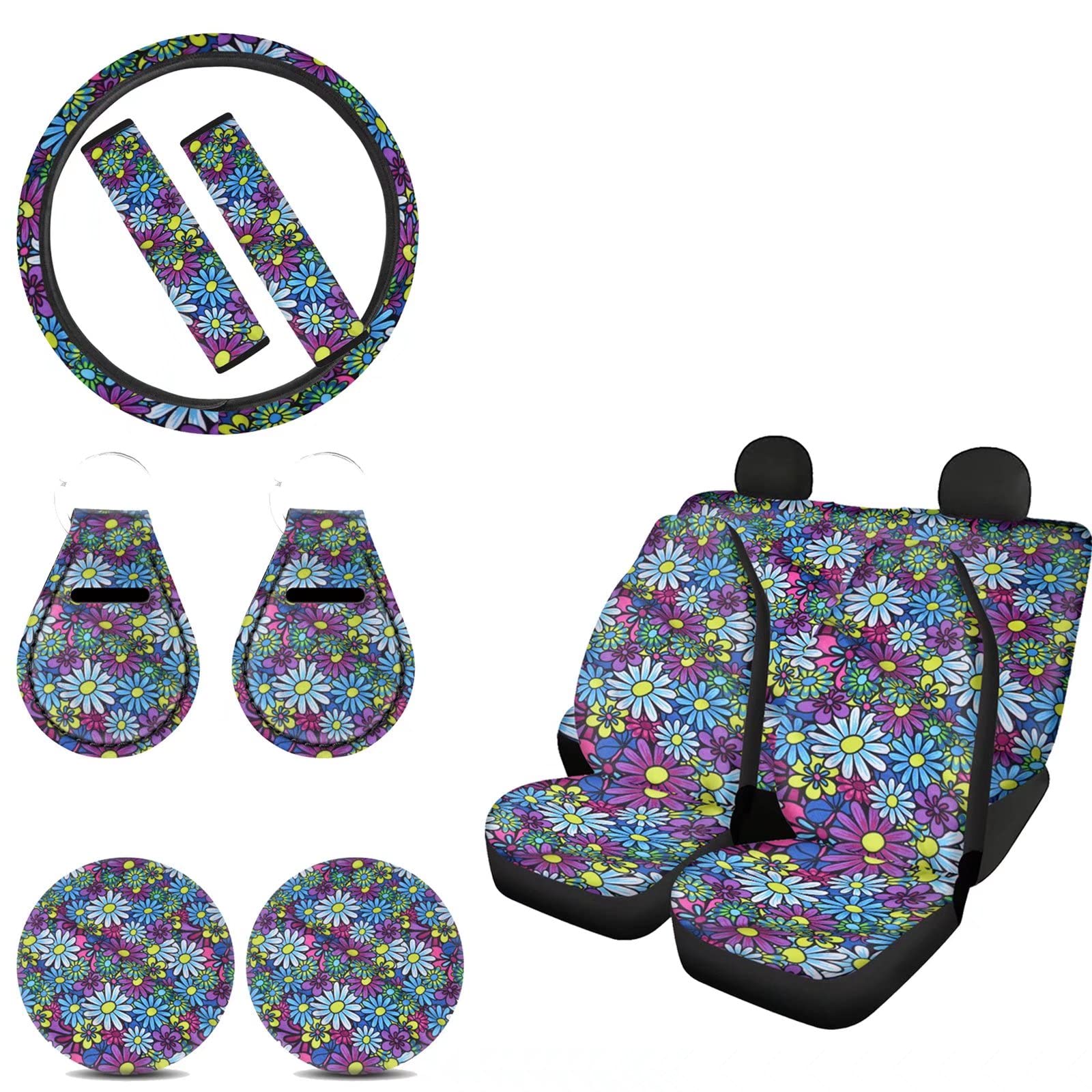 JEOCODY African Floral Daisy Car Seat Cover Set - 11-Piece Auto Accessories Kit with Steering Wheel Cover, Coasters & Keychains | Universal Fit for Women & Men | Perfect Car Gift & Interior Upgrade for Sedans, SUVs & Trucks