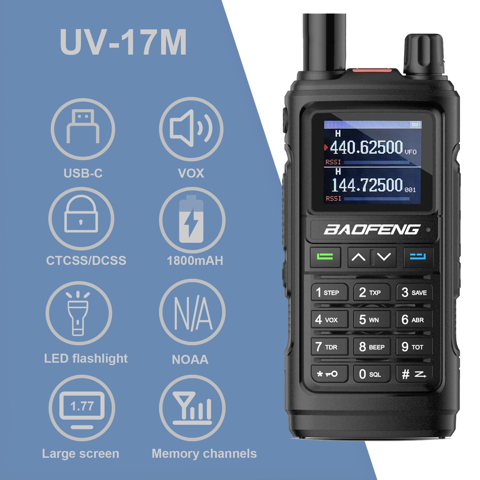 BAOFENG UV-17M 5W Long Range Ham Radio - Professional Two Way Walkie Talkie with USB-C Charging, 1800mAh Li-ion Battery, NOAA Weather Alert & VOX Function (Black) - Ideal for Outdoor Adventures, Hiking, Camping and Emergency Communication