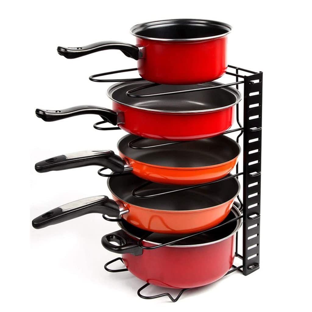 JHHDP 5-Tier Kitchen Storage Rack - Heavy Duty Iron Pot and Pan Organizer with Lid Holder, Cutting Board Shelf - Space Saving Cabinet Organizer for Pots, Pans, Lids & Kitchen Utensils - Perfect for Small Kitchens & Pantry Organization