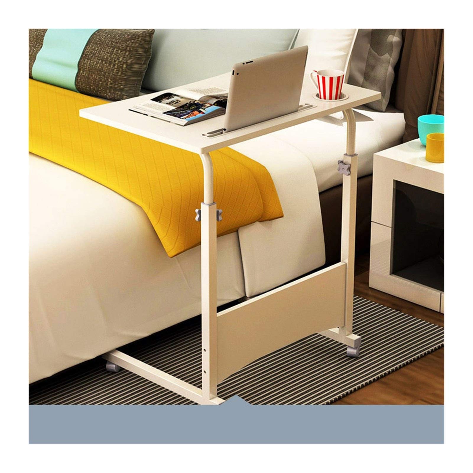 Portable Overbed Table with Wheels - Adjustable Height Rolling Bedside Table for Reading, Laptop, Breakfast in Bed - Ideal for Home, Hospital, Office (Pure White, 60x40cm)