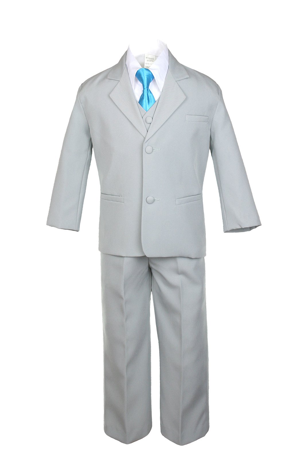 6-Piece Boys' Gray Suit Set with Satin Turquoise Blue Necktie - Formal Outfits for Baby to Teen - Perfect for Weddings, Parties & Special Occasions