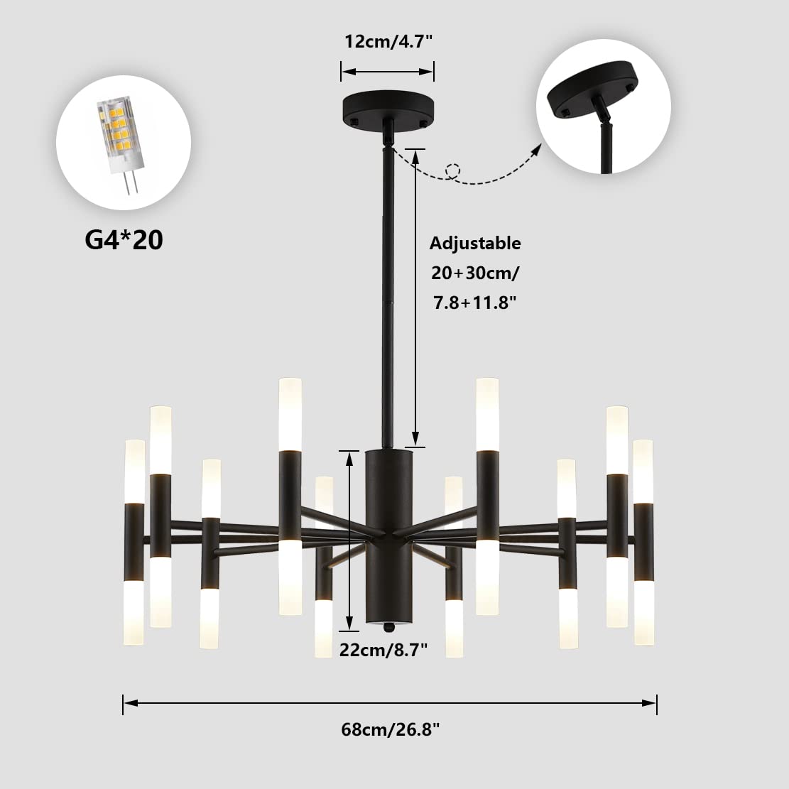 Modern Matte Black Sputnik Chandelier - 20-Light Semi Flush Mount Ceiling Light - Mid Century Vintage Farmhouse Industrial Pendant Lighting for Dining Room, Living Room & Bedroom