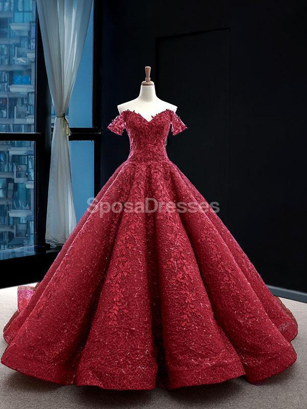 Elegant Off Shoulder Dark Red Lace Ball Gown - Formal Evening Prom Dress for Women | Perfect for Homecoming, Prom Night & Special Occasions