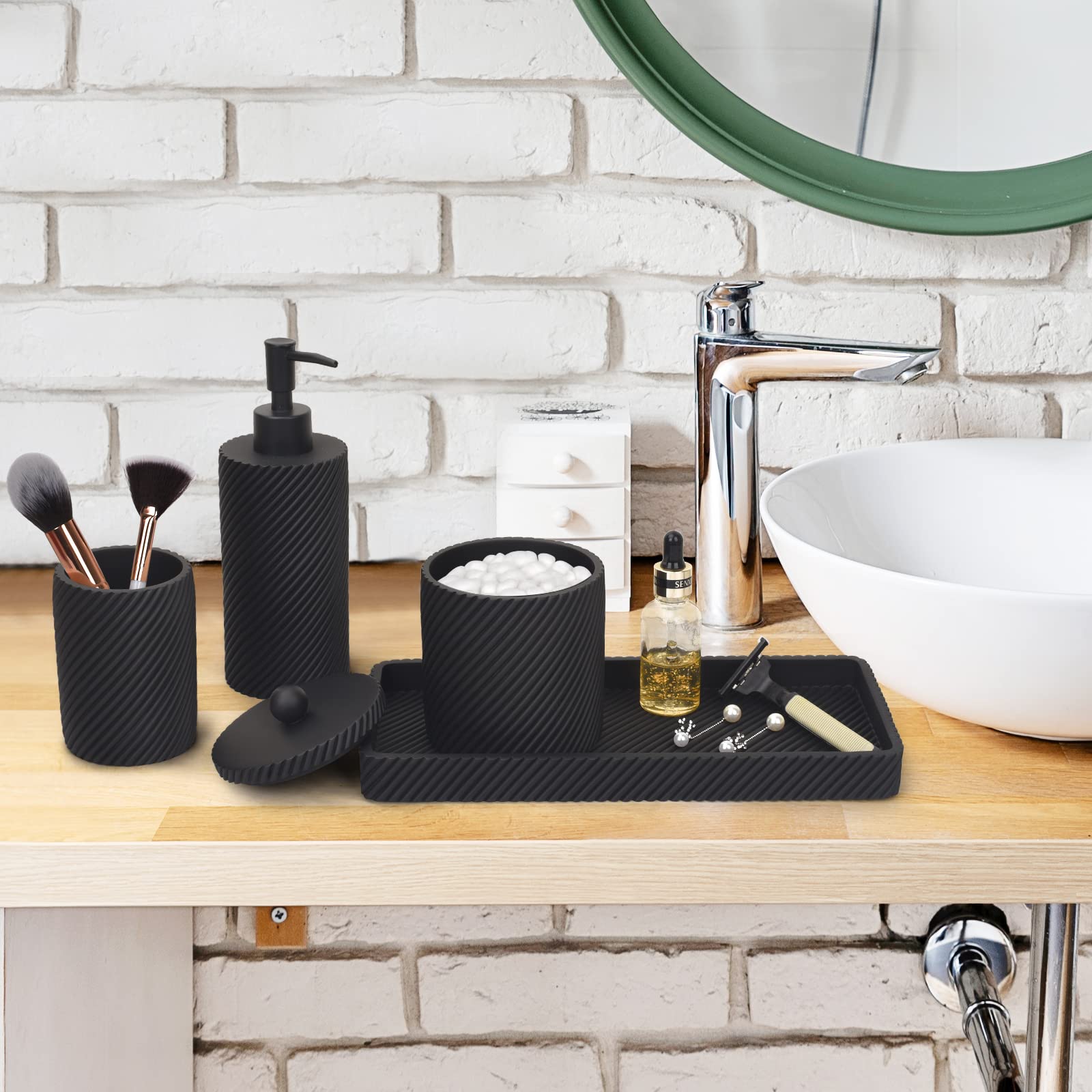 4-Piece Black Bathroom Accessories Set - Toothbrush Holder, Soap Dispenser, Q-Tip Holder & Vanity Tray | Modern Countertop Organizer for Bathroom Decor | Perfect for Master Bath, Guest Bath & Apartment Vanities
