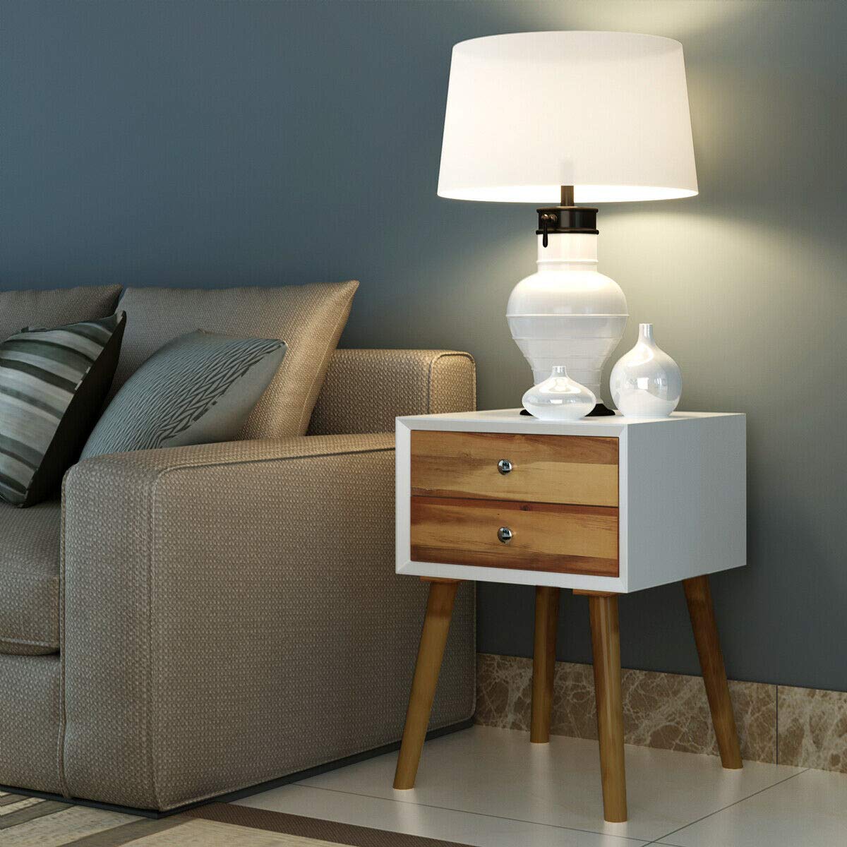 Vintage Wooden Nightstand with 2 Storage Drawers - Retro Bedside Table, End Table, Cabinet - Sturdy, Durable & Scratch-Resistant - Easy to Clean Brown Finish - Set of 2 - Perfect for Bedroom, Living Room & Office Use