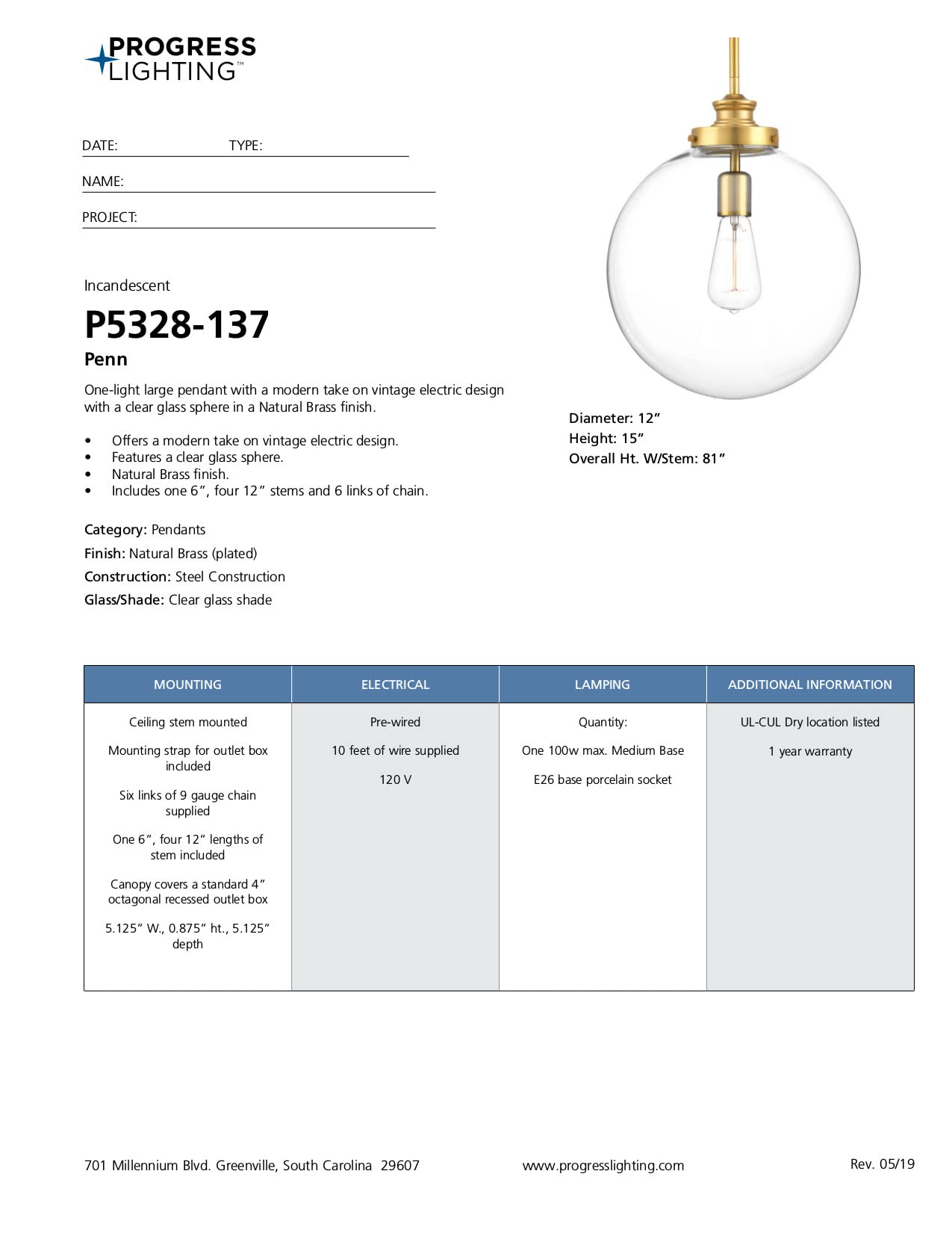 Penn Collection 1-Light Clear Glass Farmhouse Pendant Light with Natural Brass Finish - Perfect for Kitchen Island, Dining Room, and Entryway Lighting