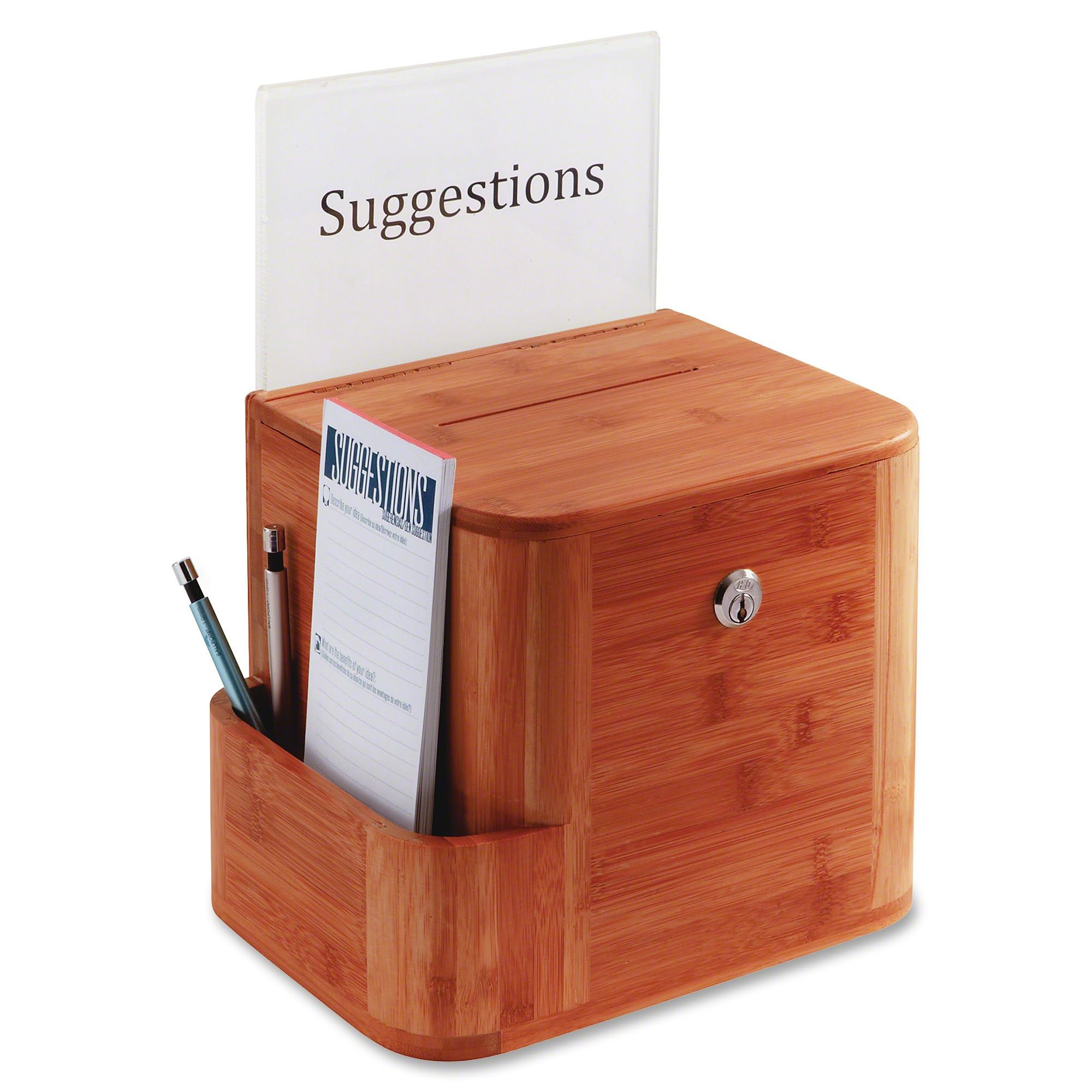 Safco 4237CY Bamboo Suggestion Box with Lock & Key - Secure Donation, Voting & Storage Solution for Offices, Schools & Events - Cherry Finish