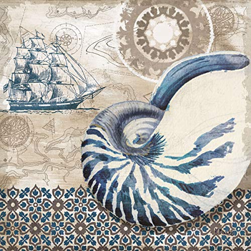 4 Blue & Brown Ocean Seashell Sand Dollar Starfish Collage Poster Prints - Nautical Wall Decor - Set of Four 12x12 Inch Framed Art Prints Ready to Hang - Perfect for Beach House, Coastal Living Room & Bathroom Decor