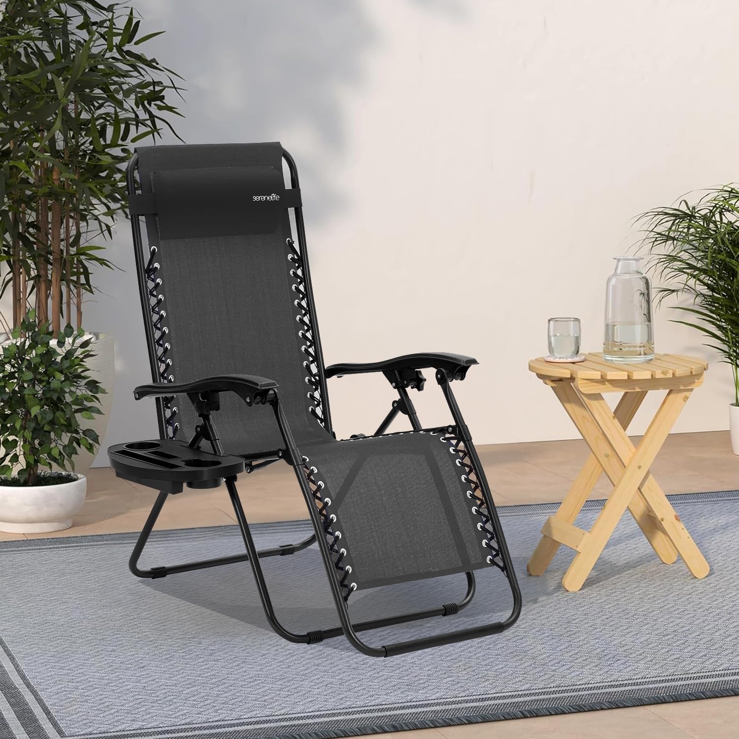 SereneLife Zero Gravity Chairs Set of 2 - Adjustable Steel Mesh Outdoor Lounge Chairs with Detachable Cup Holder & Pillows - Foldable Patio Furniture for Backyard, Poolside, Beach & Camping - Comfortable Relaxation Chairs for Adults