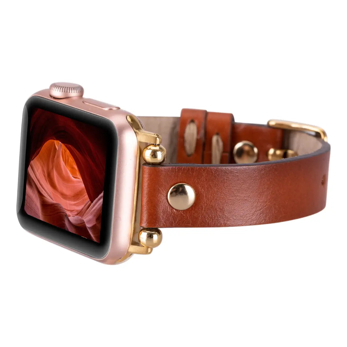 Burnished Brown Leather Ultra Slim Apple Watch Band with Gold Rivet - Stylish & Durable Replacement Strap for Work, Gym & Everyday Wear