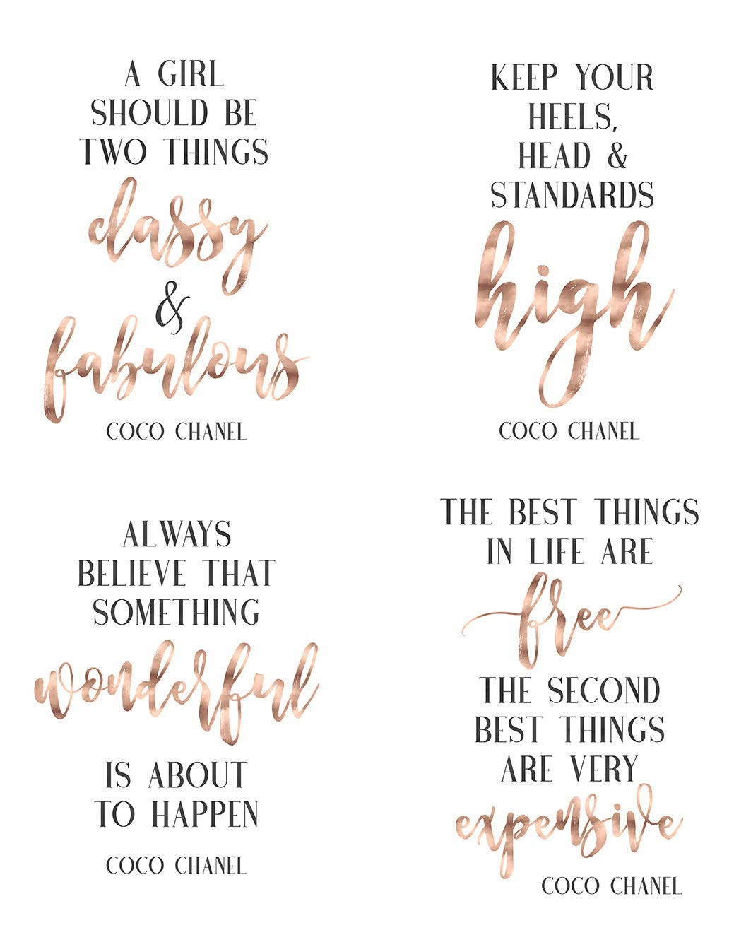 Chanel Wall Art Set - 4 Framed Prints with Inspirational Quotes, Elegant Home Decor for Living Room, Bedroom & Wedding (A2 Size)